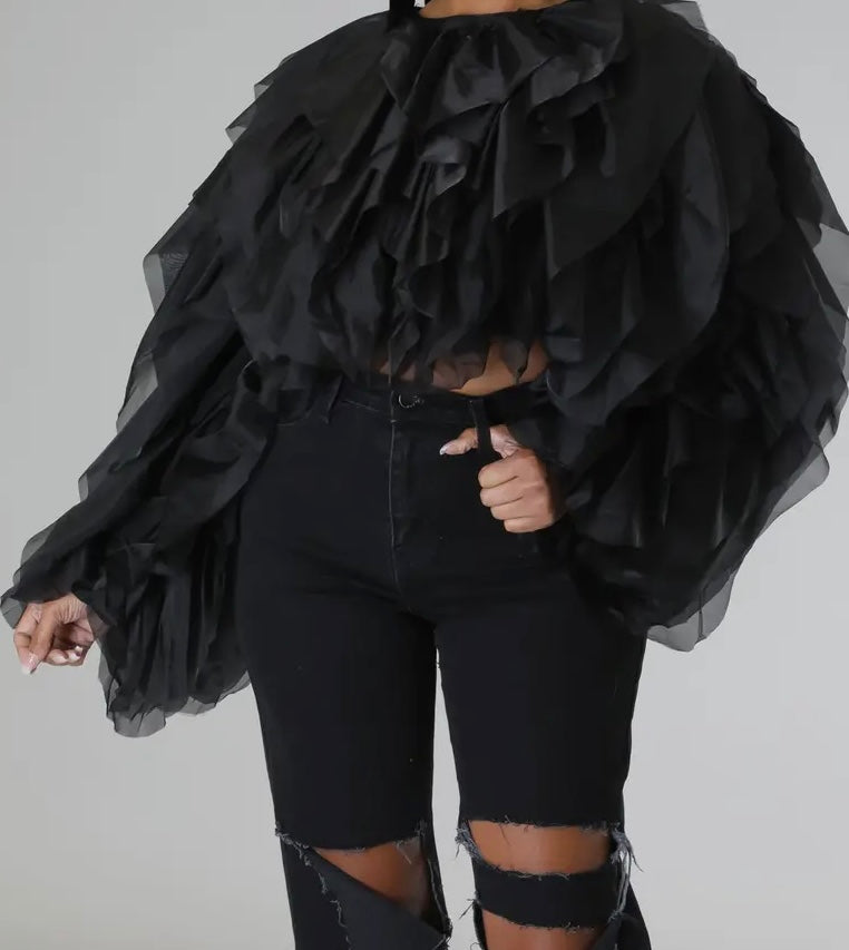Black Dramatic Long Sleeve Ruffle Crop Top
