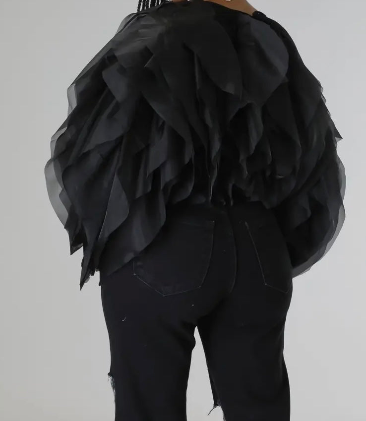 Black Dramatic Long Sleeve Ruffle Crop Top