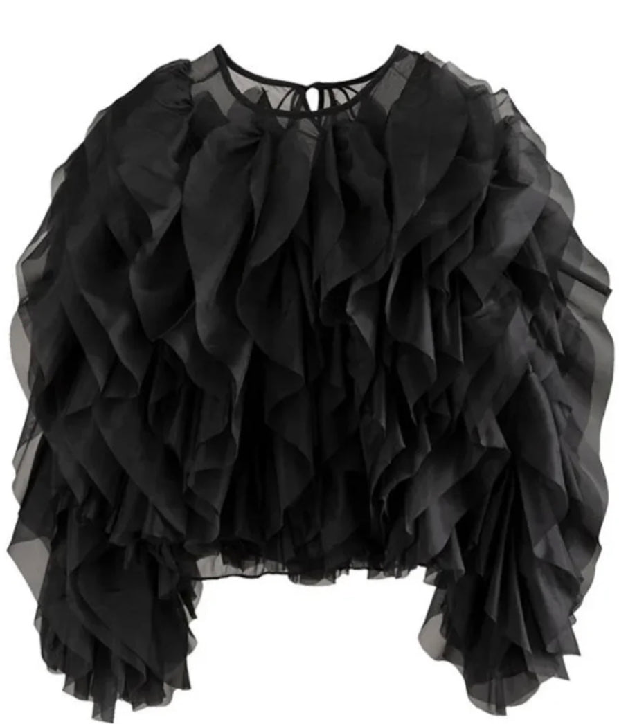 Black Dramatic Long Sleeve Ruffle Crop Top