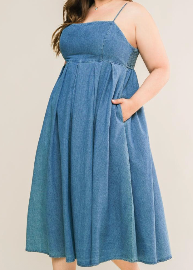 Denim Spaghetti Strap A-line Midi Dress