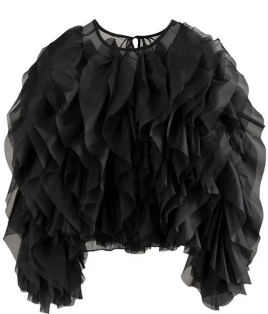 Black Dramatic Long Sleeve Ruffle Crop Top