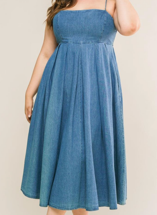 Denim Spaghetti Strap A-line Midi Dress